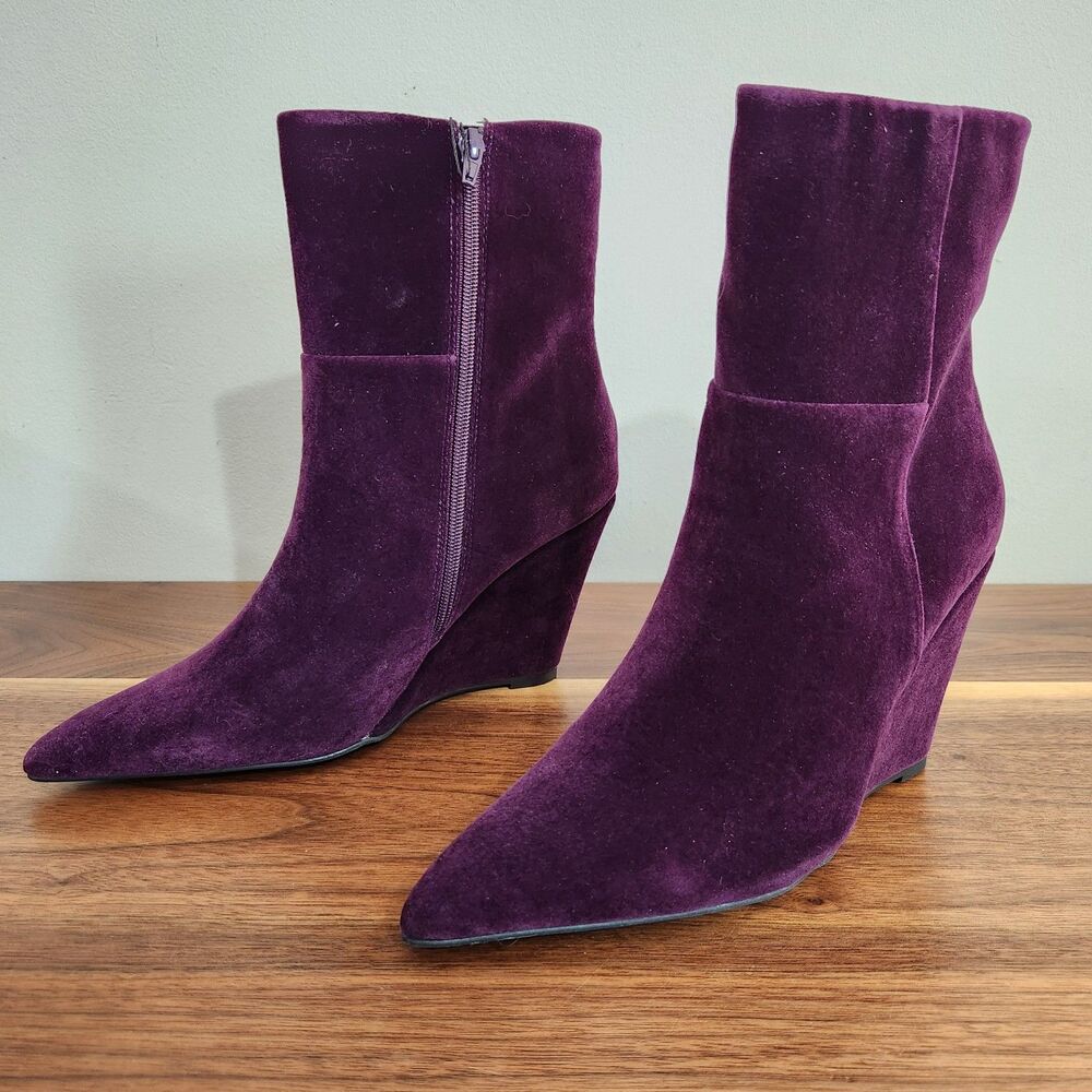 The Drop Gina Wedge Ankle Booties Purple Velvet Pointed Toe Zip Womens 9.5